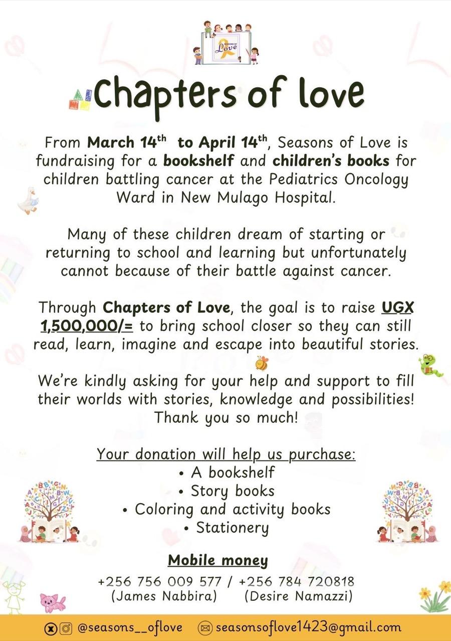 Chapters of Love poster, fundraising for a bookshelf and children’s books
